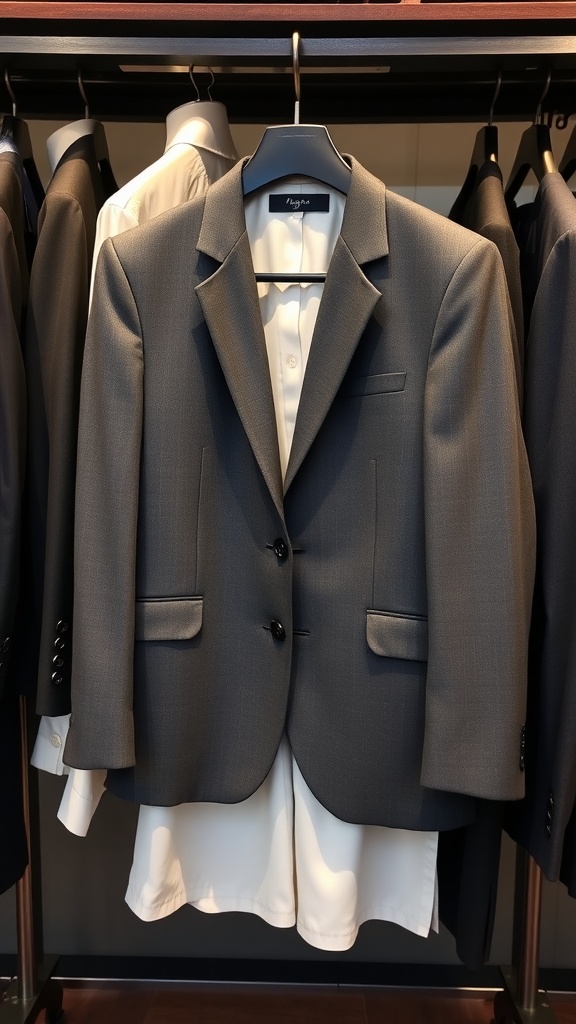 Gray tailored blazer hanging on a rack with white shirts in the background