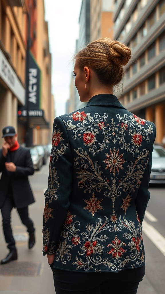 A woman in a tailored blazer with intricate western embroidery, walking in a city street.