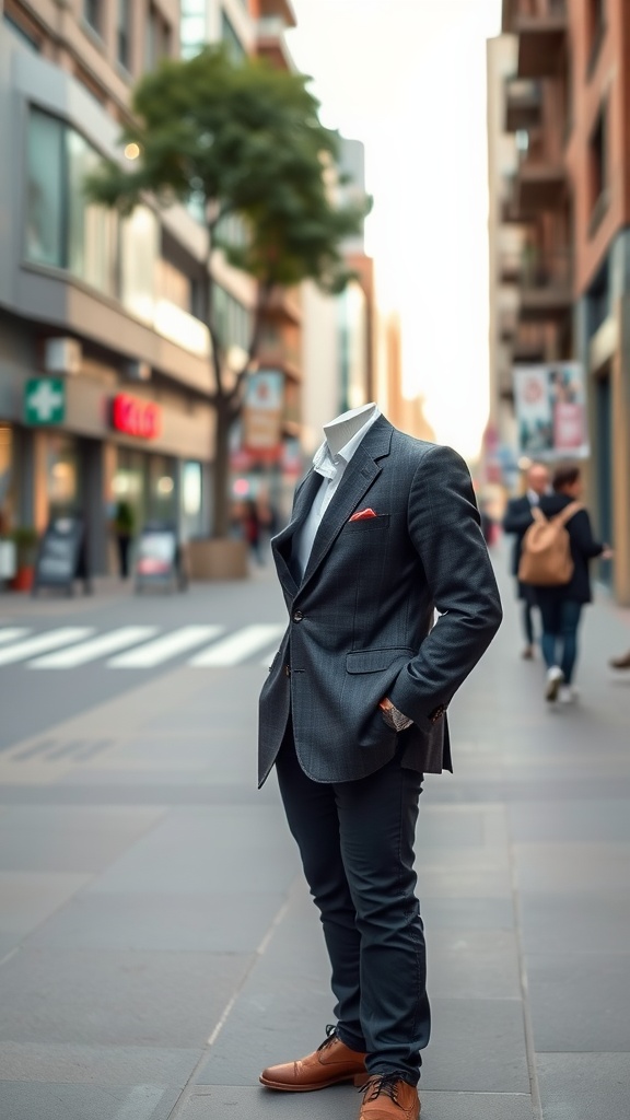 A stylish person wearing a tailored blazer, standing confidently on a city street.