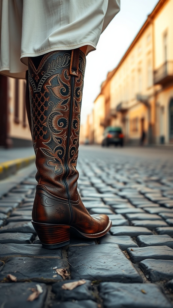 Close-up of a stylish pair of tailored cowboy boots on cobblestone pavement