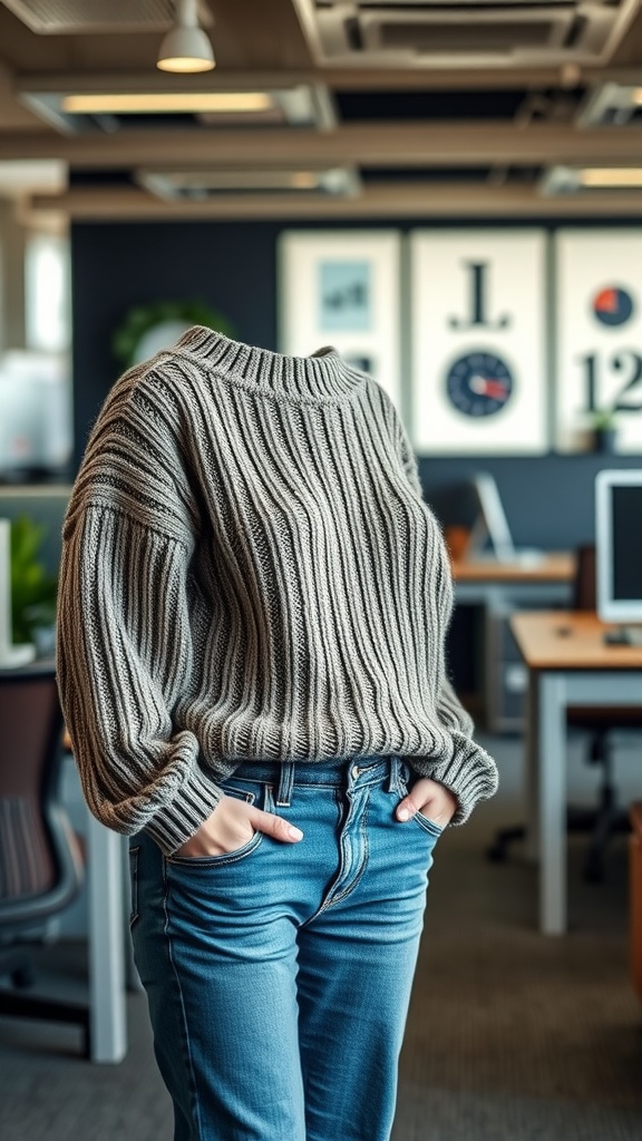 A person wearing tailored jeans with a cozy knit sweater in an office setting.