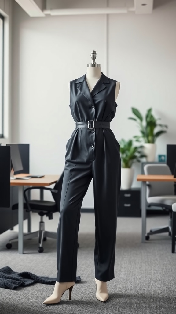 A tailored black jumpsuit with a belt displayed on a mannequin in a modern office setting.