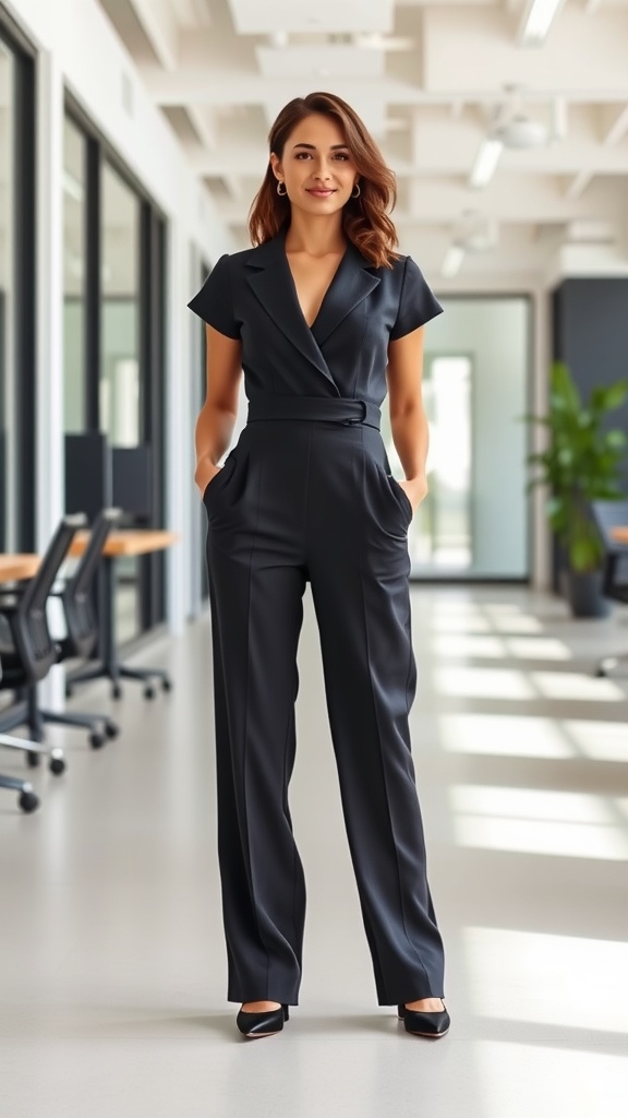A woman in a tailored jumpsuit, standing confidently in an office setting.