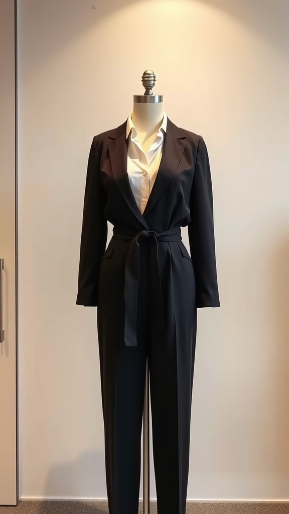 A tailored black jumpsuit with a belted waist and a white shirt underneath, displayed on a mannequin.
