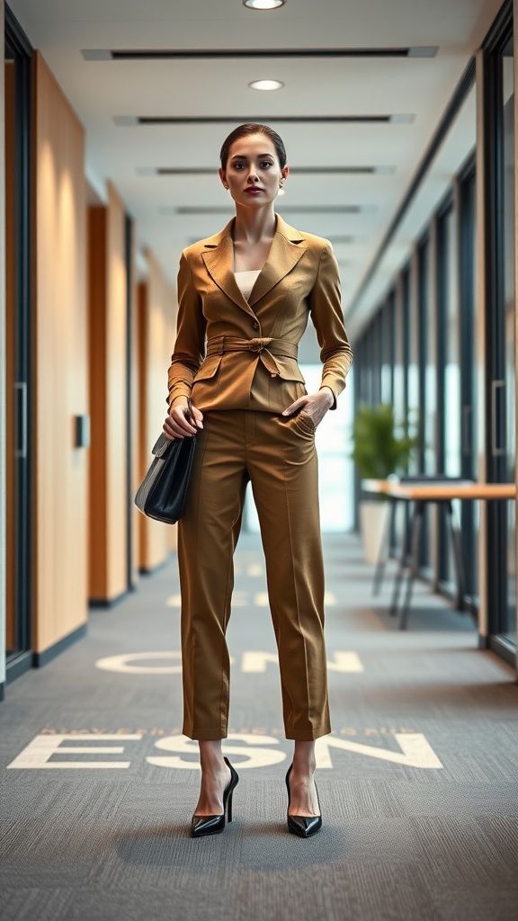 A woman in a stylish tailored jumpsuit walking through a modern office corridor.