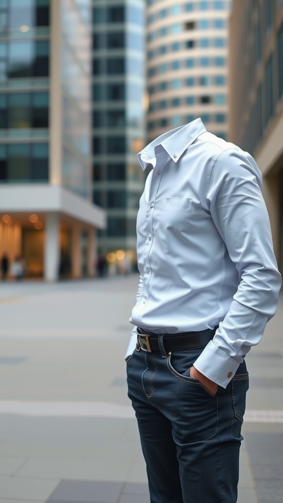A man wearing a white tailored shirt and dark jeans, standing in an urban setting.
