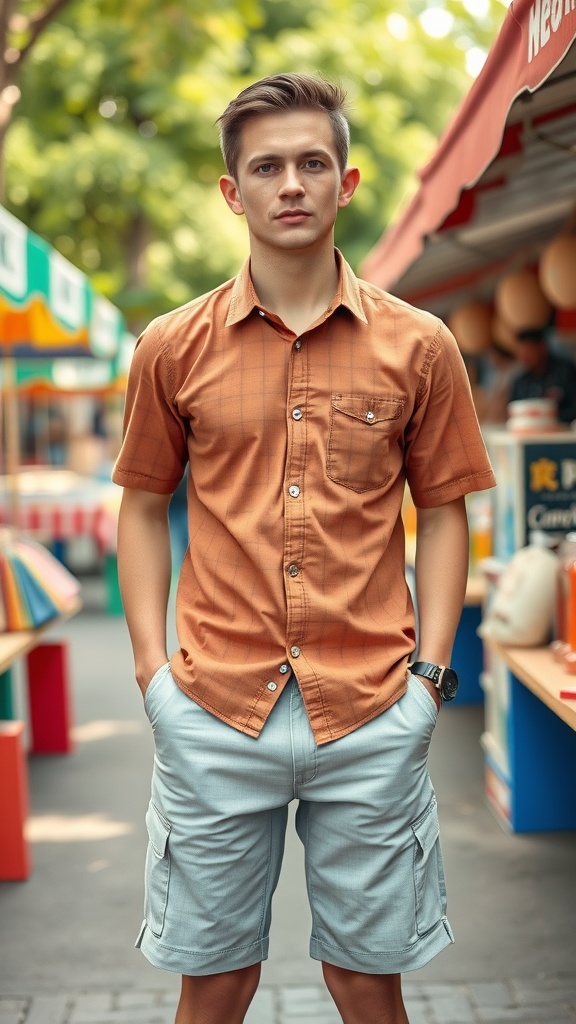 A person wearing tailored shorts and a casual button-up shirt, standing in a vibrant market setting.