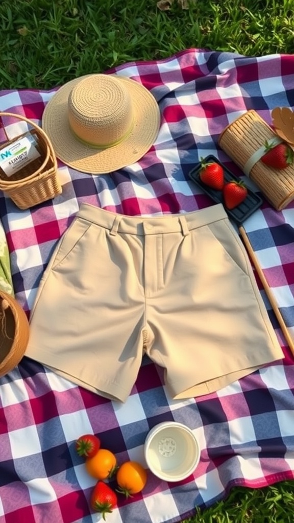 Pair of light beige tailored shorts on a checkered picnic blanket surrounded by fruits and a straw hat.