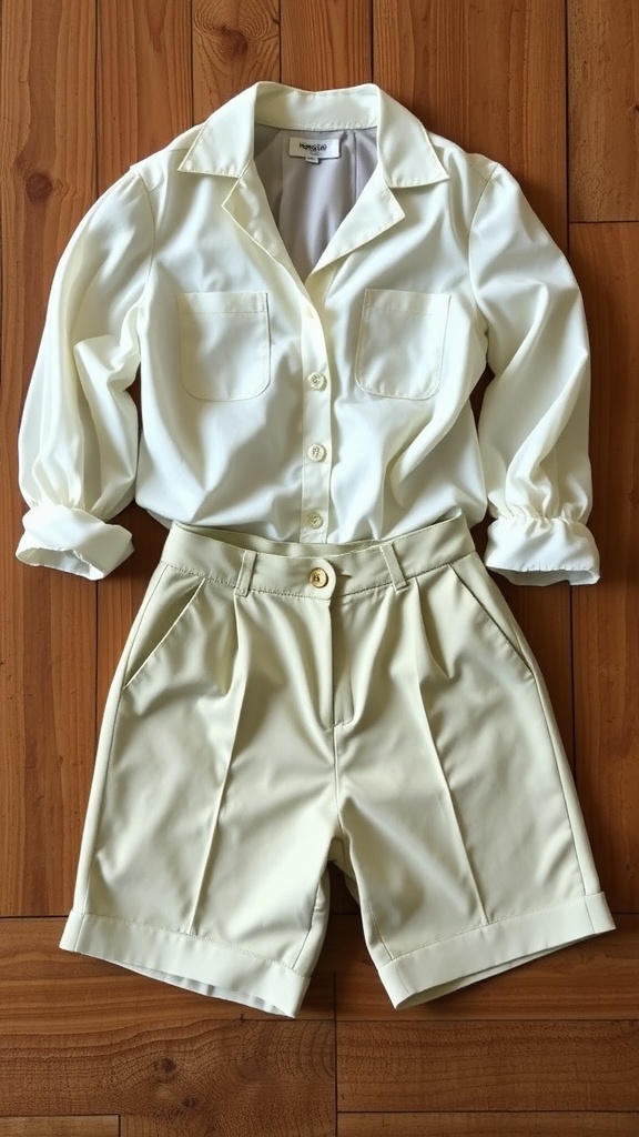 A stylish outfit featuring tailored shorts and a flowing blouse in pale yellow.