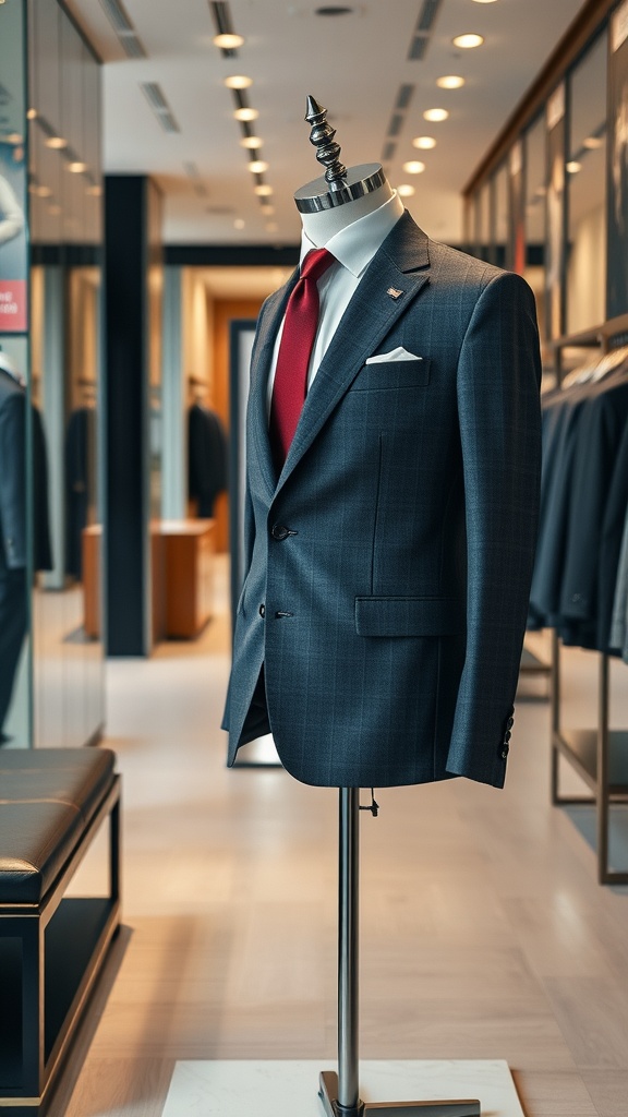 A tailored suit on a mannequin, featuring a blue checkered fabric, white shirt, and red tie in a stylish boutique.