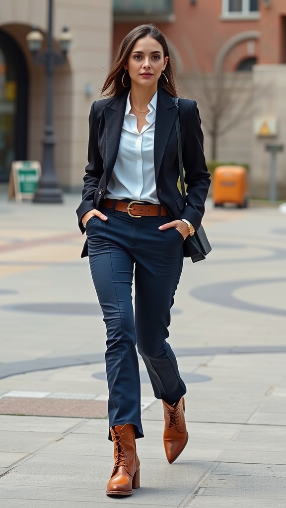 A woman walking confidently in tailored trouser pants, a blazer, and heeled ankle boots, showcasing a modern Western outfit.