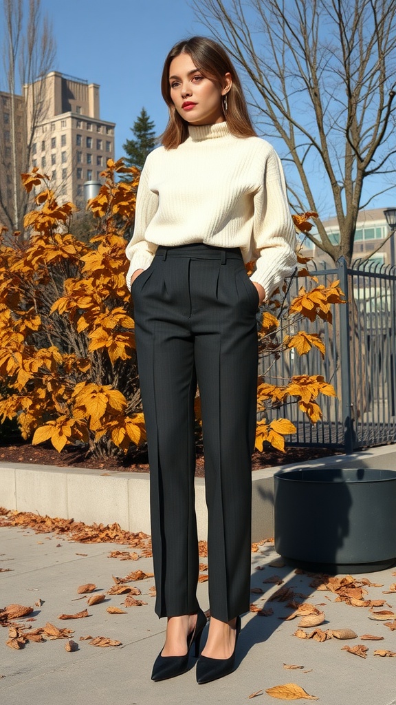 A young woman in tailored trousers and black pumps standing among autumn leaves.
