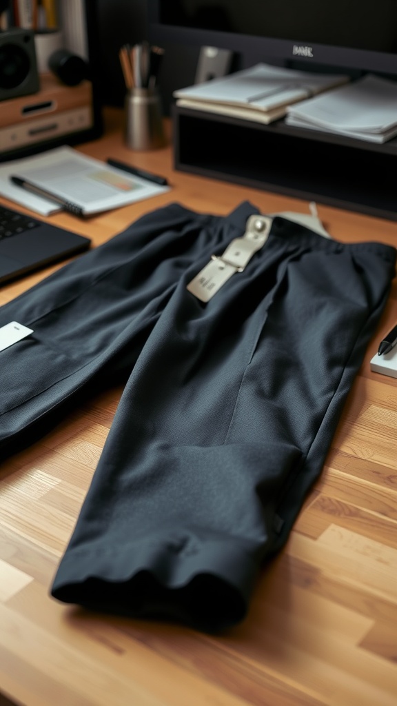A pair of tailored black trousers placed on a wooden desk, with a computer and notebooks in the background.