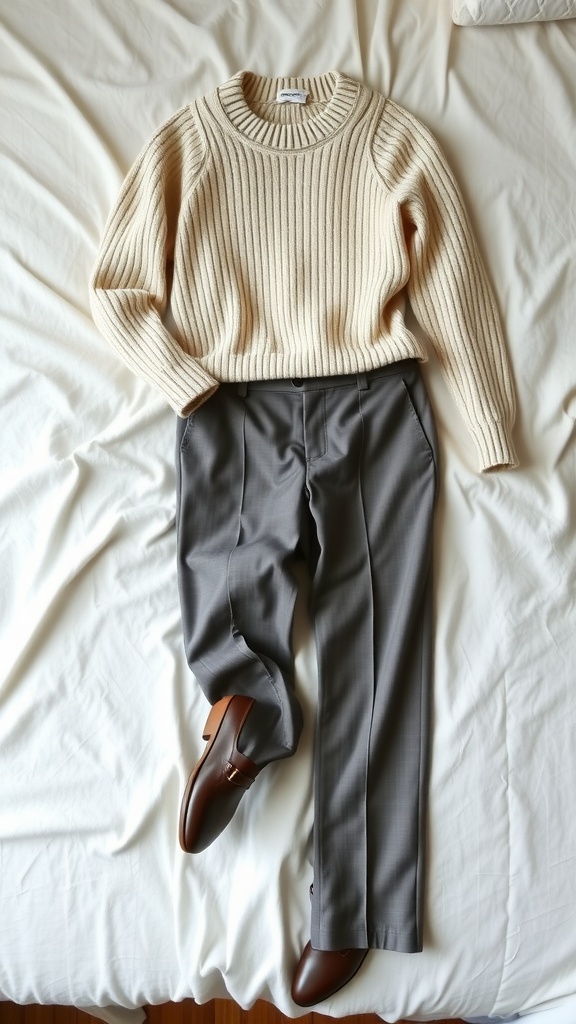 A cozy beige cashmere sweater paired with gray tailored trousers and brown loafers, laid out on a bed.