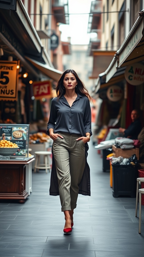 A stylish woman walking through a market wearing tailored trousers and a long kurta, showcasing modern indo-western fashion.
