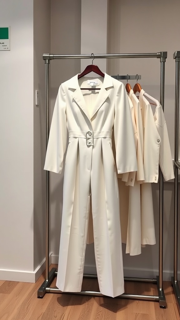 A tailored white jumpsuit with structured shoulders displayed on a hanger.