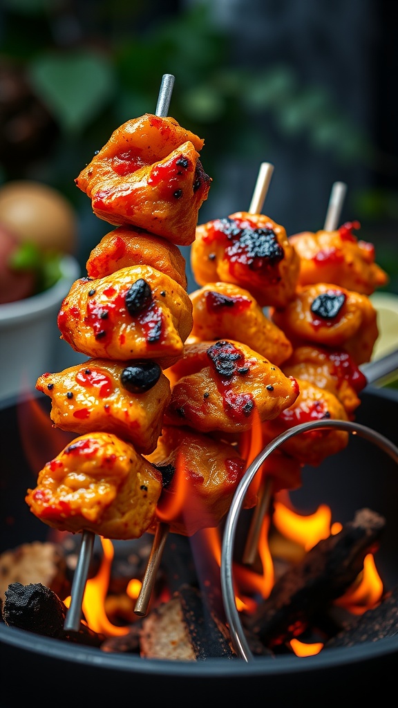 Tandoori spiced chicken kabobs on skewers grilling over flames.