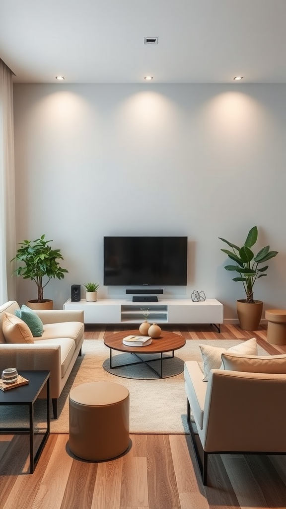 A modern living room featuring a large TV, comfortable seating, houseplants, and a round coffee table.