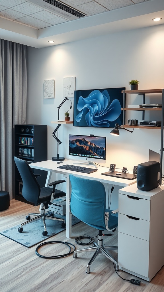 Modern home office interior with a large monitor, comfortable chairs, and organized workspace.
