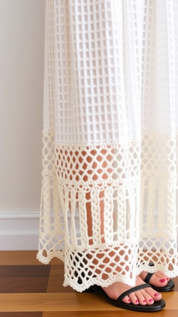 Crochet maxi skirt with intricate hem details and sandals