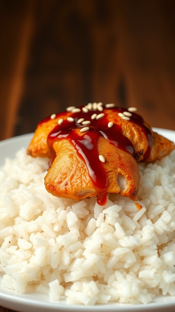 A plate of teriyaki chicken served over fluffy steamed rice.