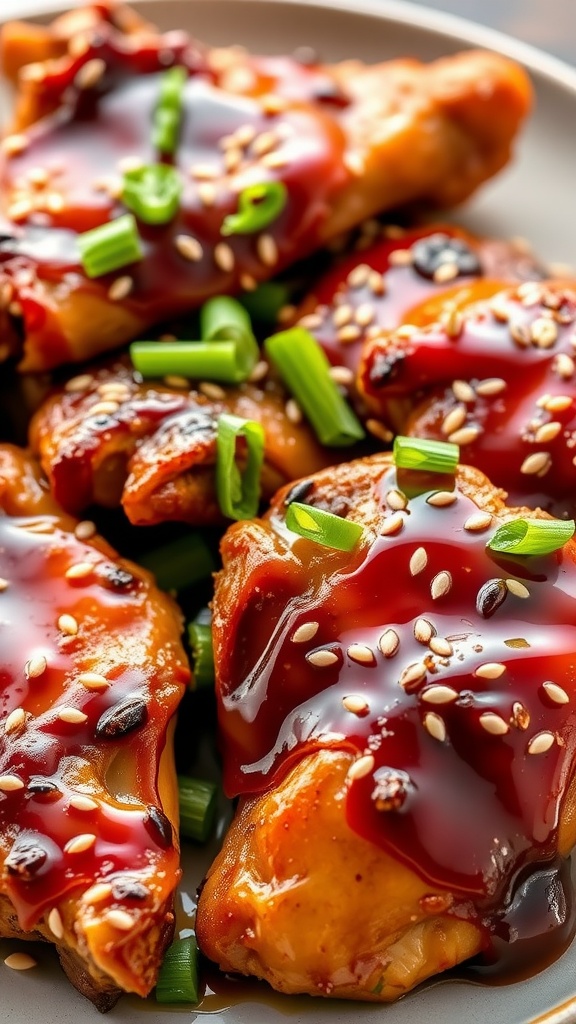 Delicious teriyaki chicken thighs garnished with green onions and sesame seeds.