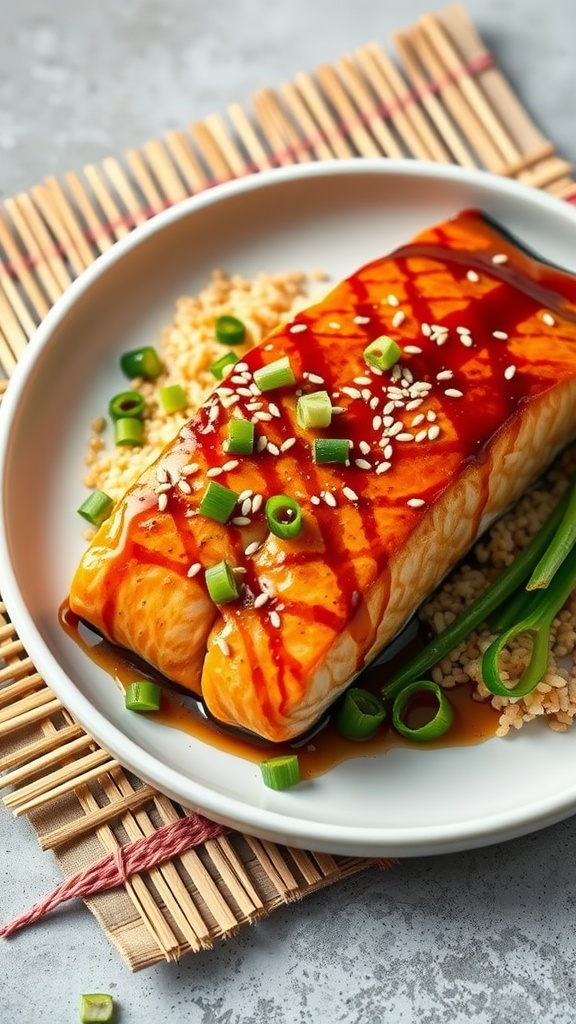 A plate of teriyaki glazed air fryer salmon garnished with green onions and sesame seeds, served on a bed of couscous.