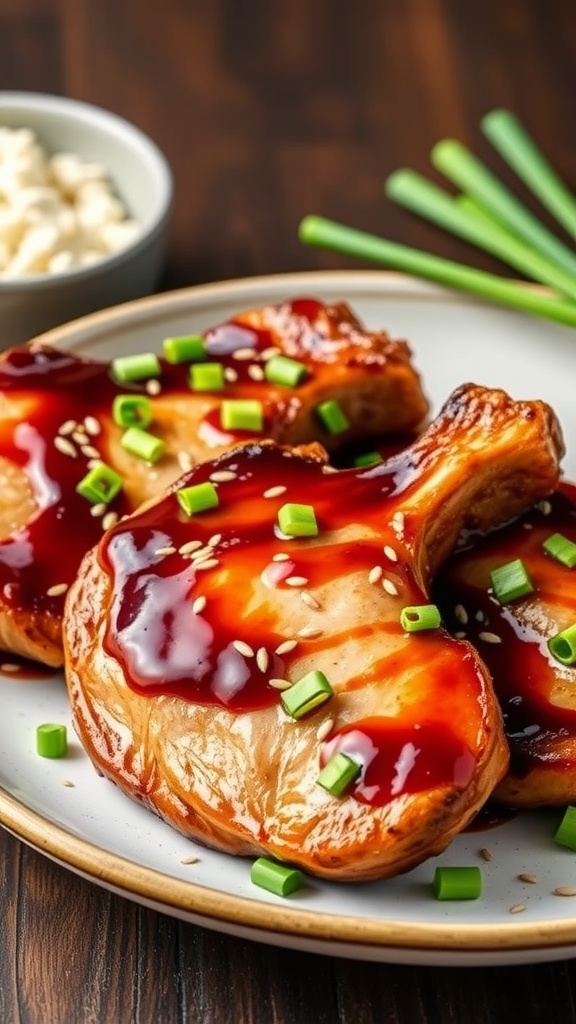 Teriyaki glazed boneless pork chops garnished with sesame seeds and green onions.