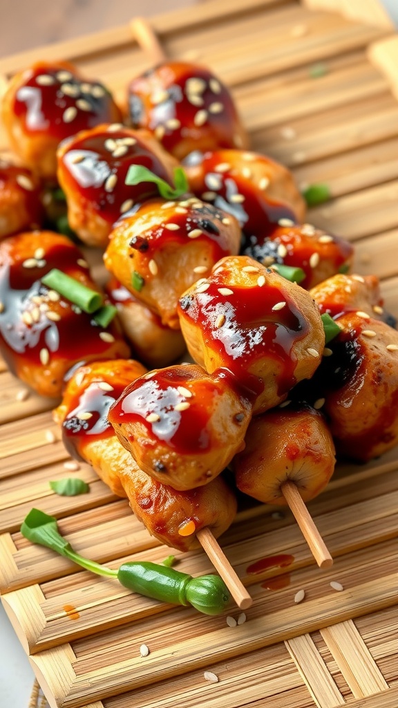 Delicious chicken kabobs marinated in teriyaki sauce, garnished with sesame seeds and green onions.