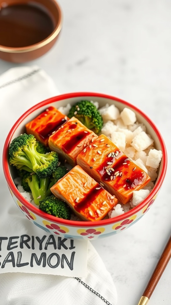 A colorful teriyaki salmon bowl with rice and broccoli, topped with sesame seeds and teriyaki sauce.