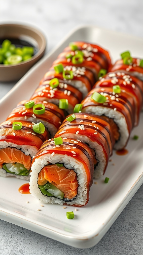 A plate of teriyaki salmon sushi rolls garnished with sesame seeds and green onions.