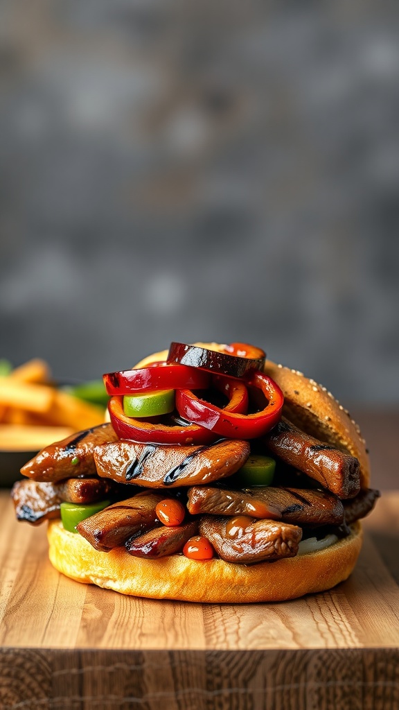 A delicious Teriyaki Steak Sandwich stacked with grilled steak and colorful vegetables.