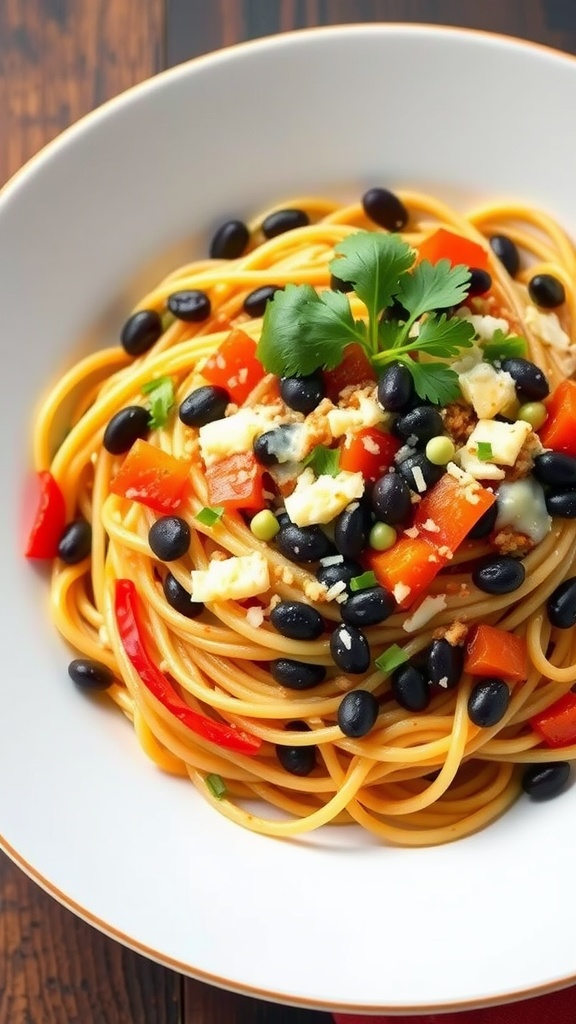 A plate of Tex-Mex Bean and Cheese Spaghetti topped with black beans, bell peppers, and cilantro.