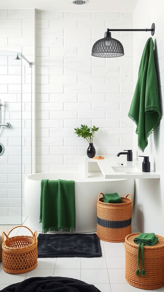 A modern bathroom featuring green and black textiles, including towels and baskets, against a white backdrop.
