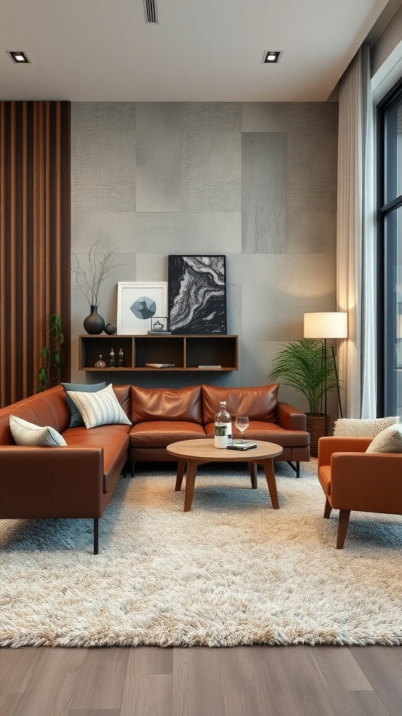 A modern living room with a brown leather sofa, fluffy area rug, wooden accents, and natural light.