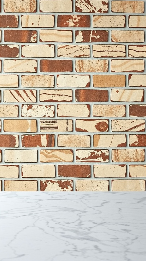 A brick backsplash in a farmhouse kitchen showcasing various textures and grout.