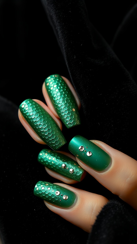 Textured almond nails in green with scale-like patterns and metallic accents.