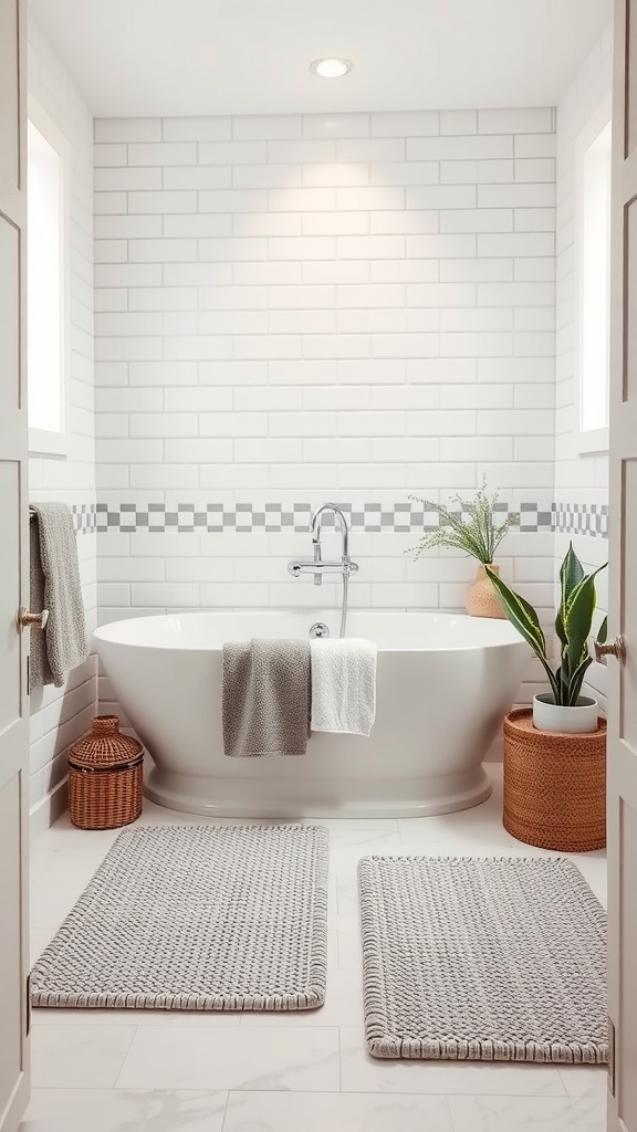 A clean bathroom featuring textured bath mats, a modern bathtub, and natural decor elements.