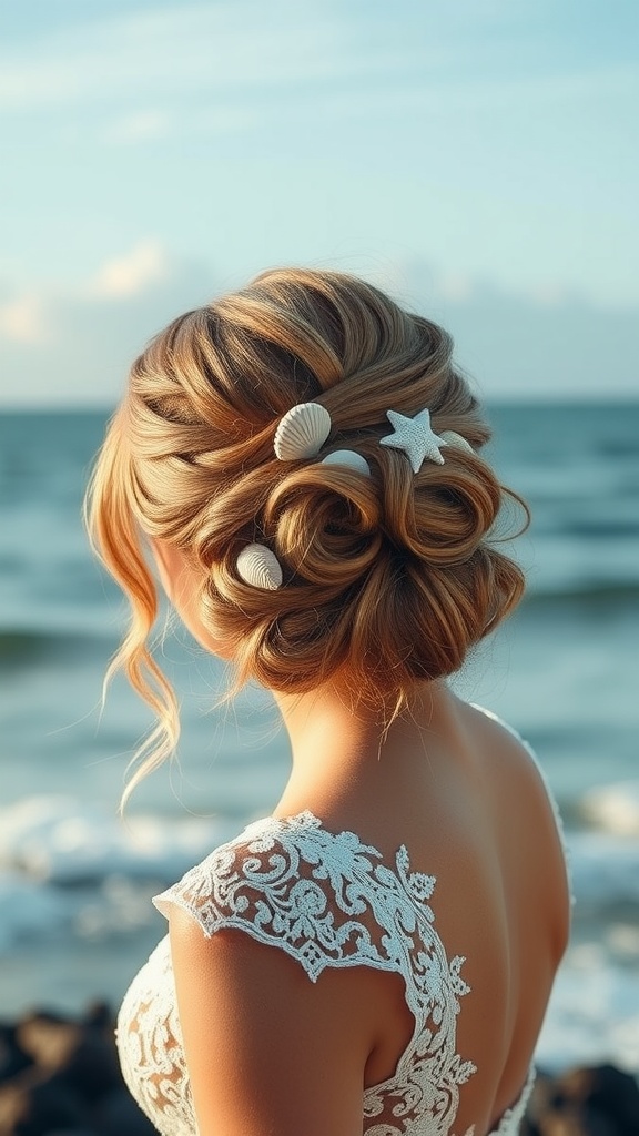 A woman with a textured beachy updo hairstyle adorned with seashells, overlooking the ocean.