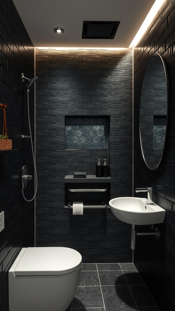 Modern bathroom with textured black wall tiles and sleek fixtures
