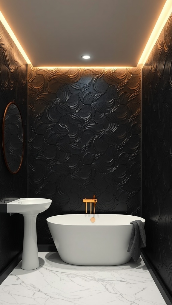 A modern bathroom featuring textured black walls, a white bathtub, and warm lighting.