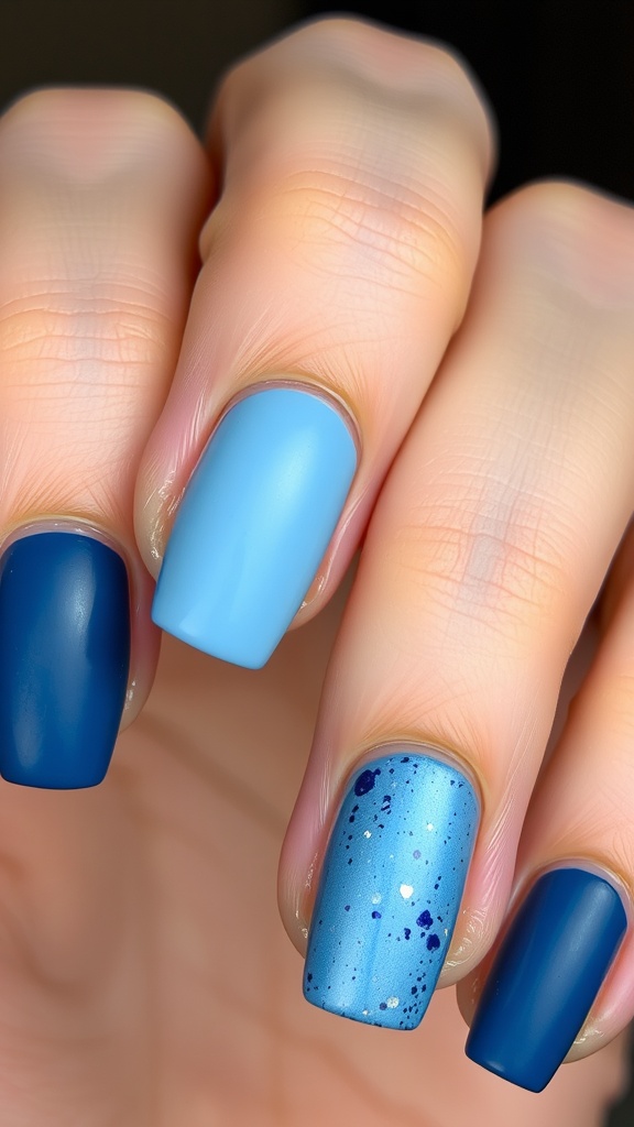 Set of nails featuring textured blue finishes in light and dark shades, with a mix of matte and glossy designs.