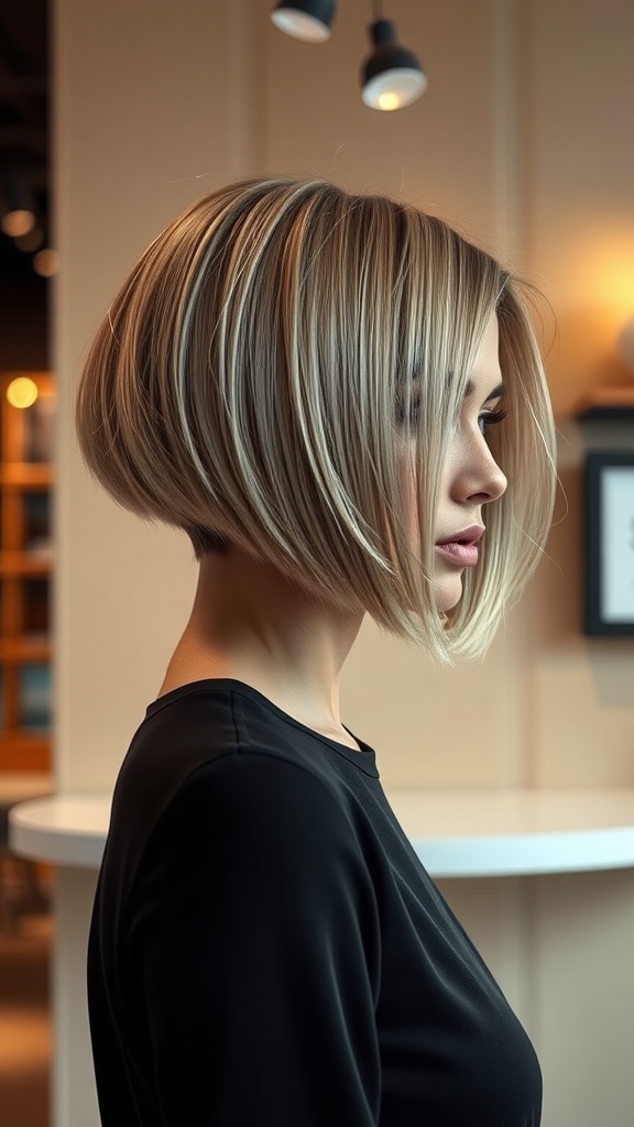 A woman with a textured bob hairstyle, showcasing a chic look.