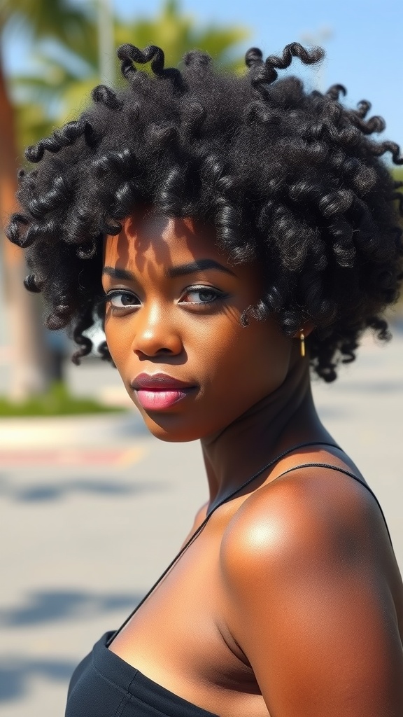 A woman with natural curly hair styled in a textured bob, showcasing vibrant curls.