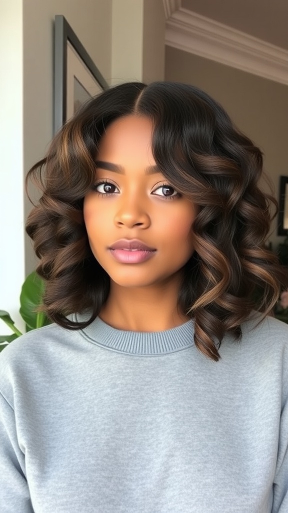 A close-up of a woman with a textured bob quick weave hairstyle featuring defined curls and rich hair tones.