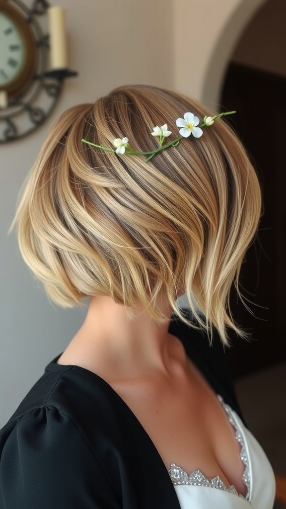 Medium length textured bob hairstyle adorned with small white flowers