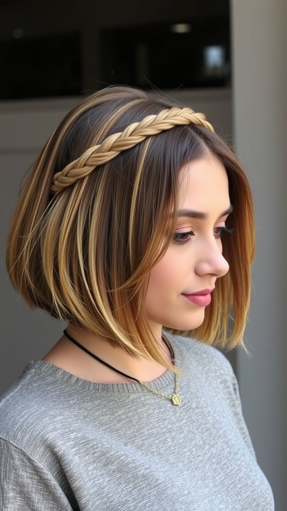 A woman with a textured bob and a halo braid, wearing a casual gray top and a necklace.
