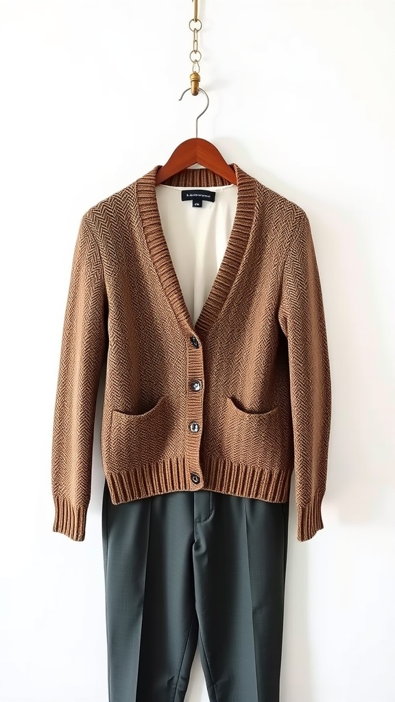 Textured brown cardigan hanging above dark dress pants