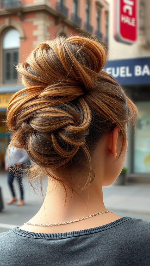 A woman with a textured chignon hairstyle featuring wispy tendrils, viewed from the back.