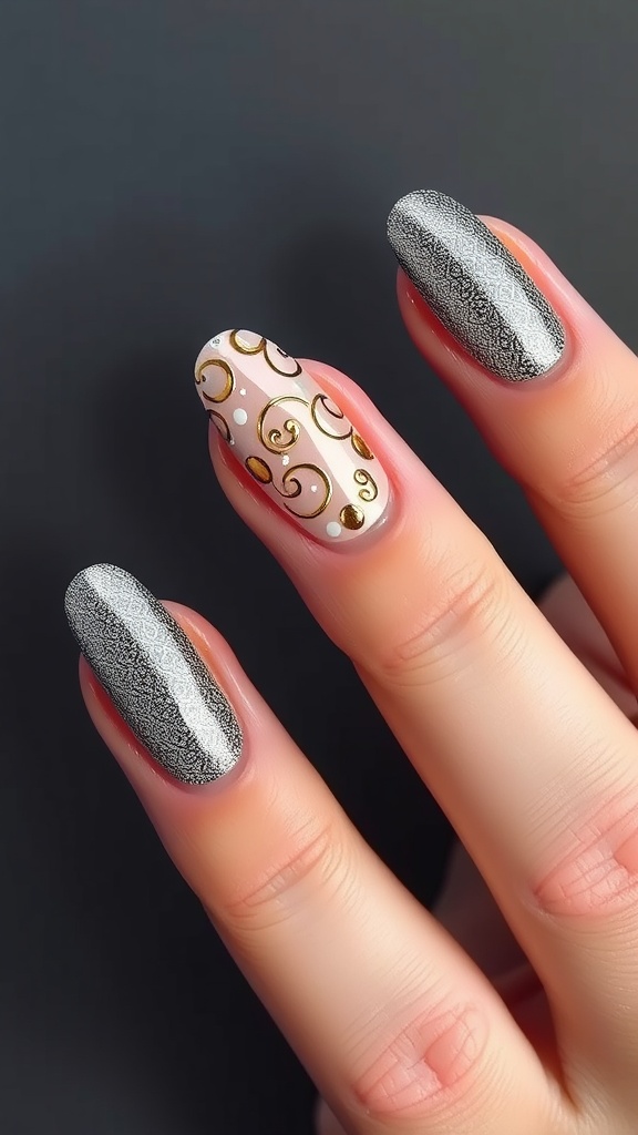 Close-up of textured chrome French nails with silver and gold designs